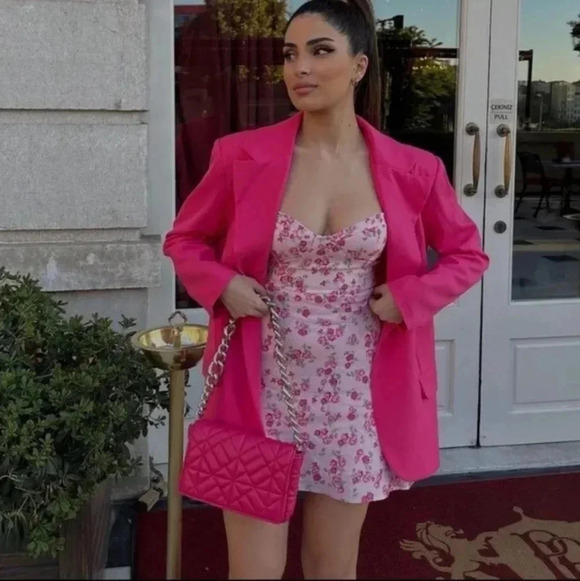 Zara Bloggers Favorite Pink Floral Lace Up Cutout Strappy Linen Blend Mini Dress - Picture 2 of 15